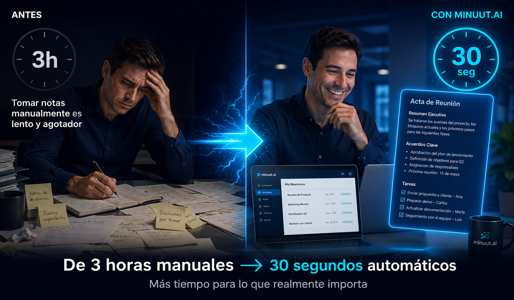 Antes: 3 horas tomando notas manualmente. Con Minuut: acta de reunión en 30 segundos automáticos