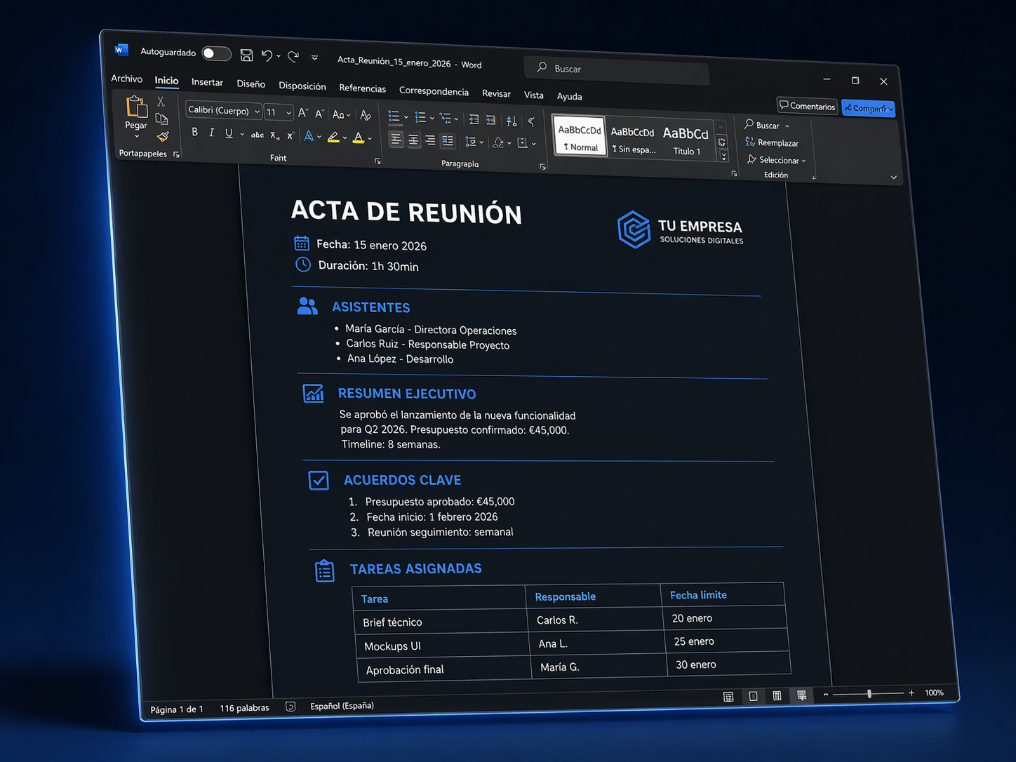 Vista previa de la plantilla de acta de reunión